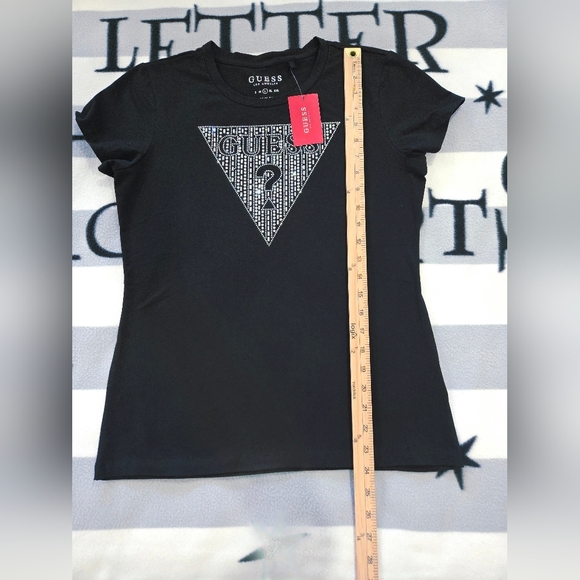 GUESS T-Shirt Women's Black Rhinestone Bling Triangle Logo Large NEW - Picture 6 of 13